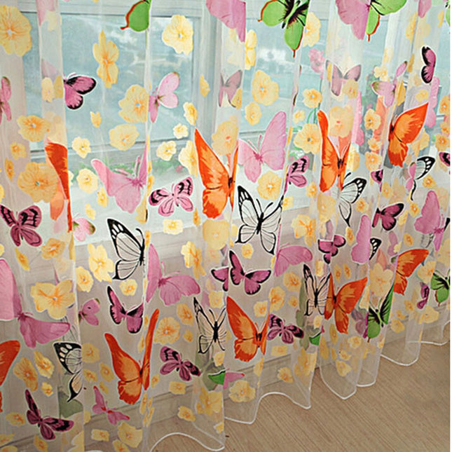 Voile Gardine mit bunten Schmetterlingen