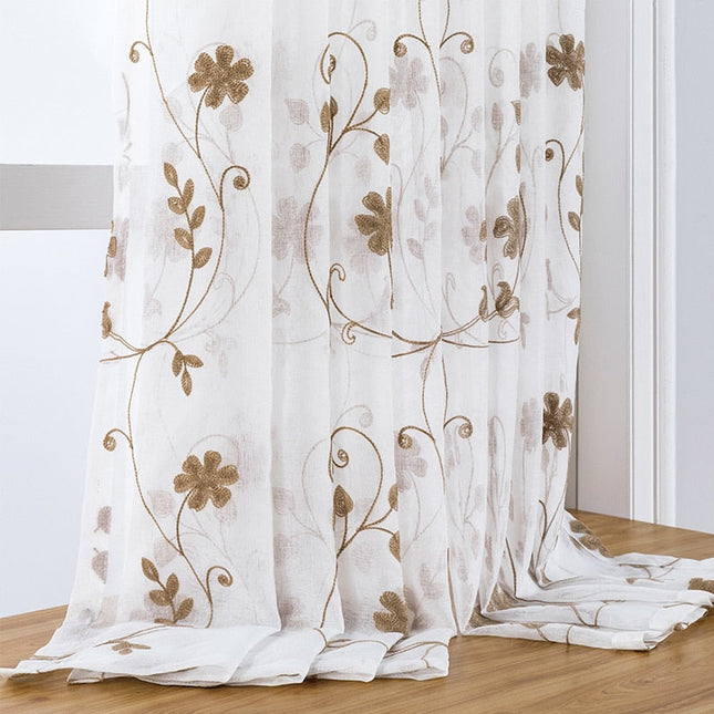 Leinenoptik Gardine mit Blumenranken Stickerei