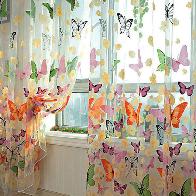 Voile Gardine mit bunten Schmetterlingen