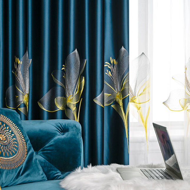Samt Verdunkelungsvorhang Blau mit Goldstickerei