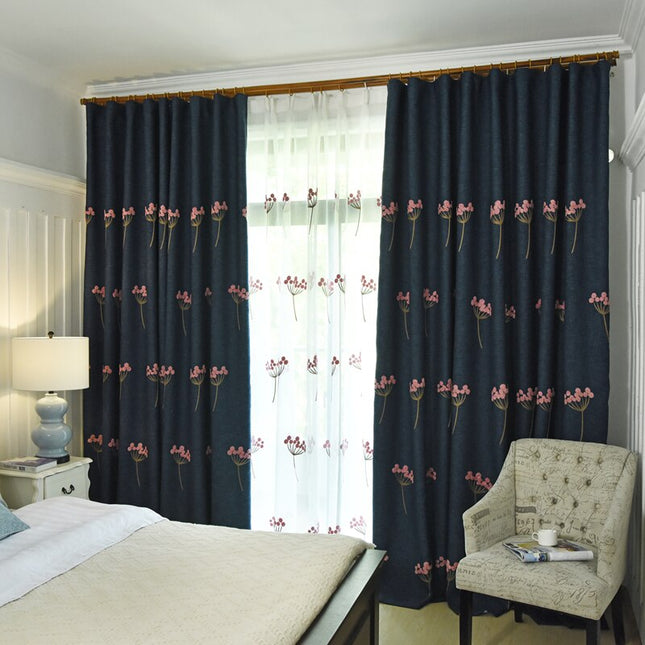 Verdunkelungsvorhang Marineblau mit Blumenstickerei