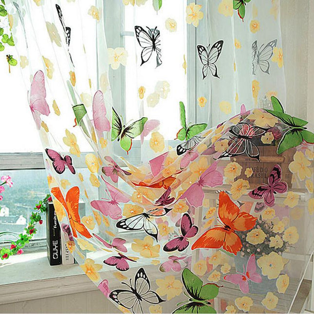 Voile Gardine mit bunten Schmetterlingen