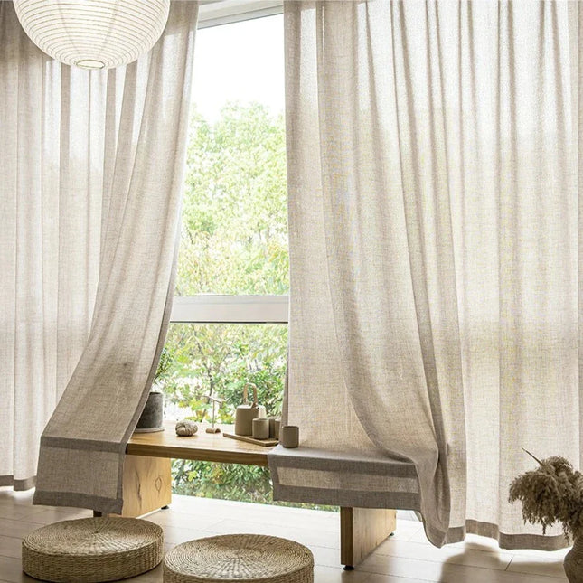 Beige Voile-Gardine mit Bordüre
