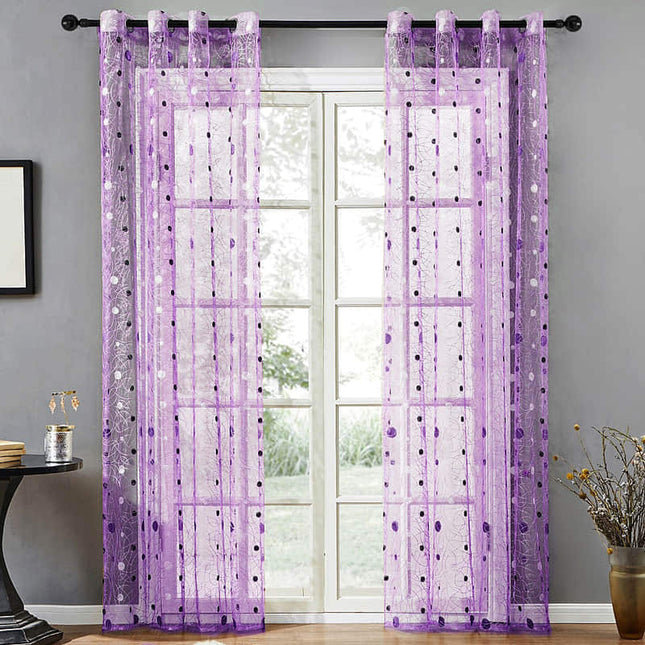 Lila Voile-Gardine mit Vogelmotiv