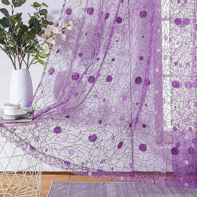 Lila Voile-Gardine mit Vogelmotiv